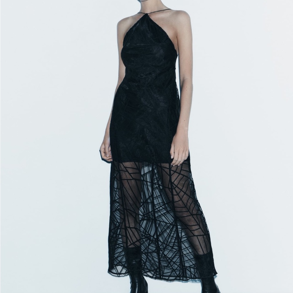Zara Black Sheer Midi Slip Dress - Picture 10 of 11